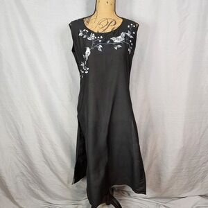 PRAPTI Size Large Black Semi-Sheer Bird Embroidered Indian Kurta Indianwear EUC
